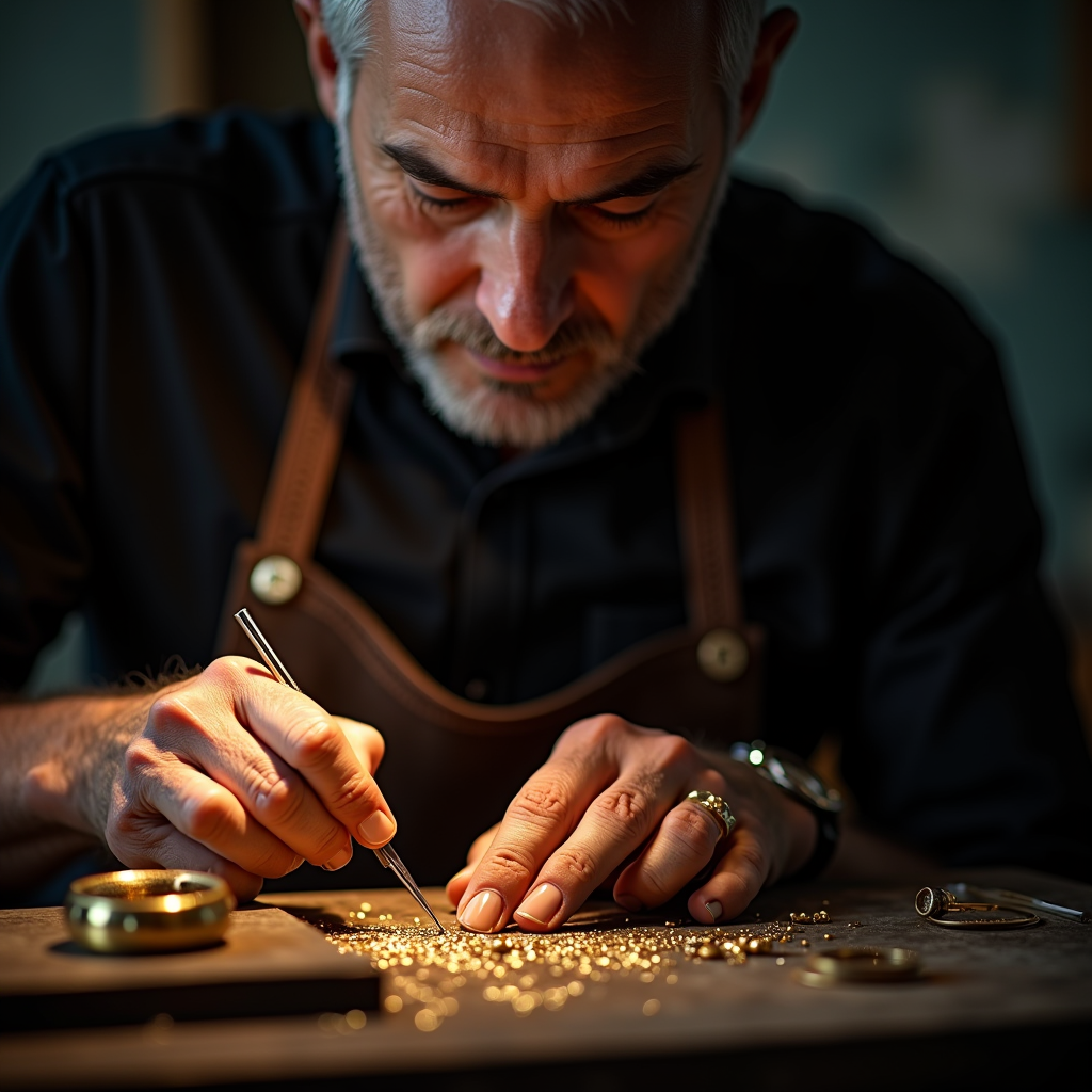 Maestro orafo italiano al lavoro con tecniche moderne di lavorazione dei metalli preziosi, combinando strumenti tradizionali e tecnologie innovative in un laboratorio artigianale elegante con dettagli in oro