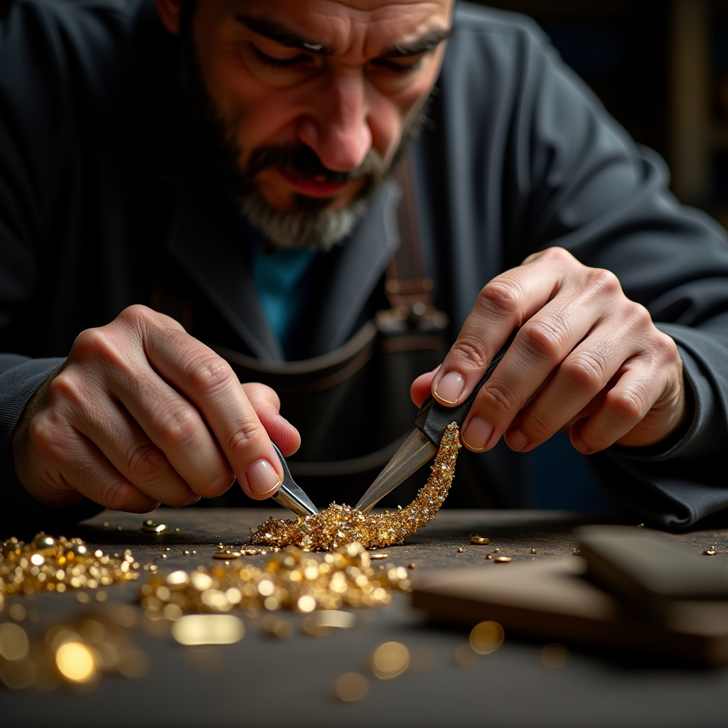 Maestro orafo italiano che lavora con strumenti moderni su metalli preziosi in un laboratorio artigianale, con dettagli di oro e platino lavorati finemente, illuminazione professionale che evidenzia la precisione del lavoro
