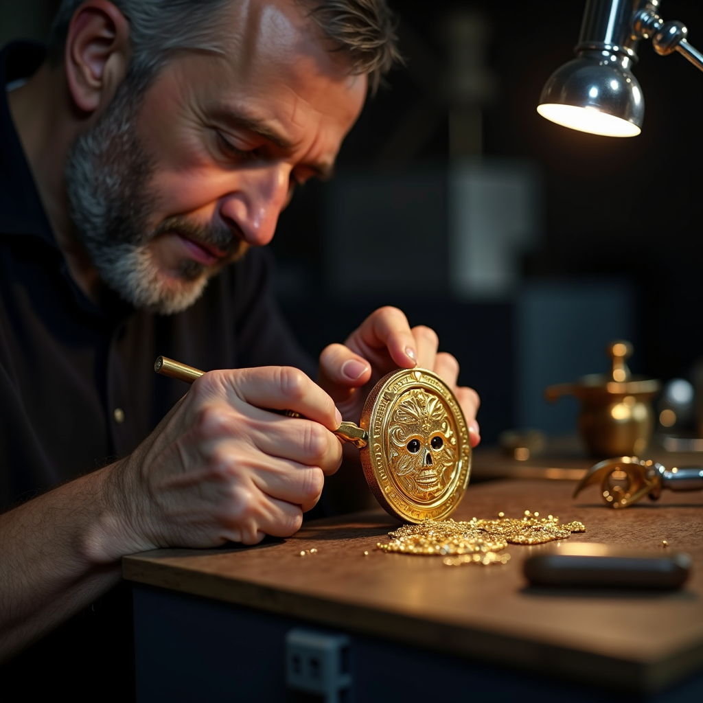Maestro orafo italiano che lavora con strumenti di precisione su un gioiello in oro intricato in un laboratorio moderno con strumenti artigianali tradizionali e tecnologia contemporanea