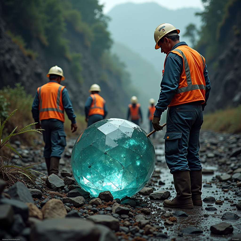 Miniera etica di pietre preziose con lavoratori in condizioni di sicurezza, ambiente naturale preservato, estrazione responsabile e sostenibile di gemme preziose