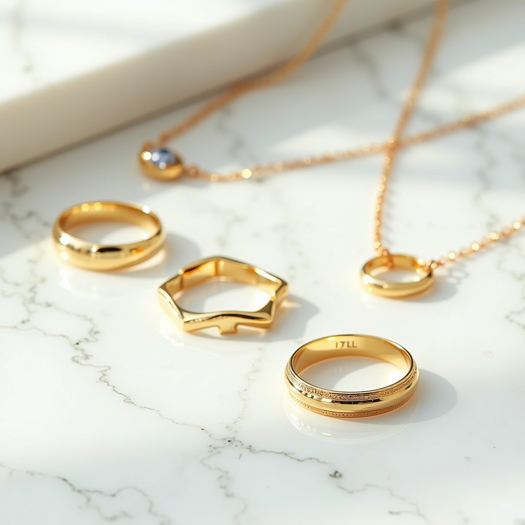 Collezione di gioielli italiani minimalisti con anelli geometrici e collane delicate in oro lucido e platino, disposti su superficie di marmo bianco con illuminazione naturale soffusa