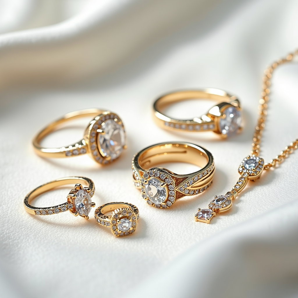 Collezione di gioielli preziosi in oro e platino con diamanti e pietre preziose disposte elegantemente su superficie in velluto bianco con illuminazione professionale che evidenzia la brillantezza delle gemme