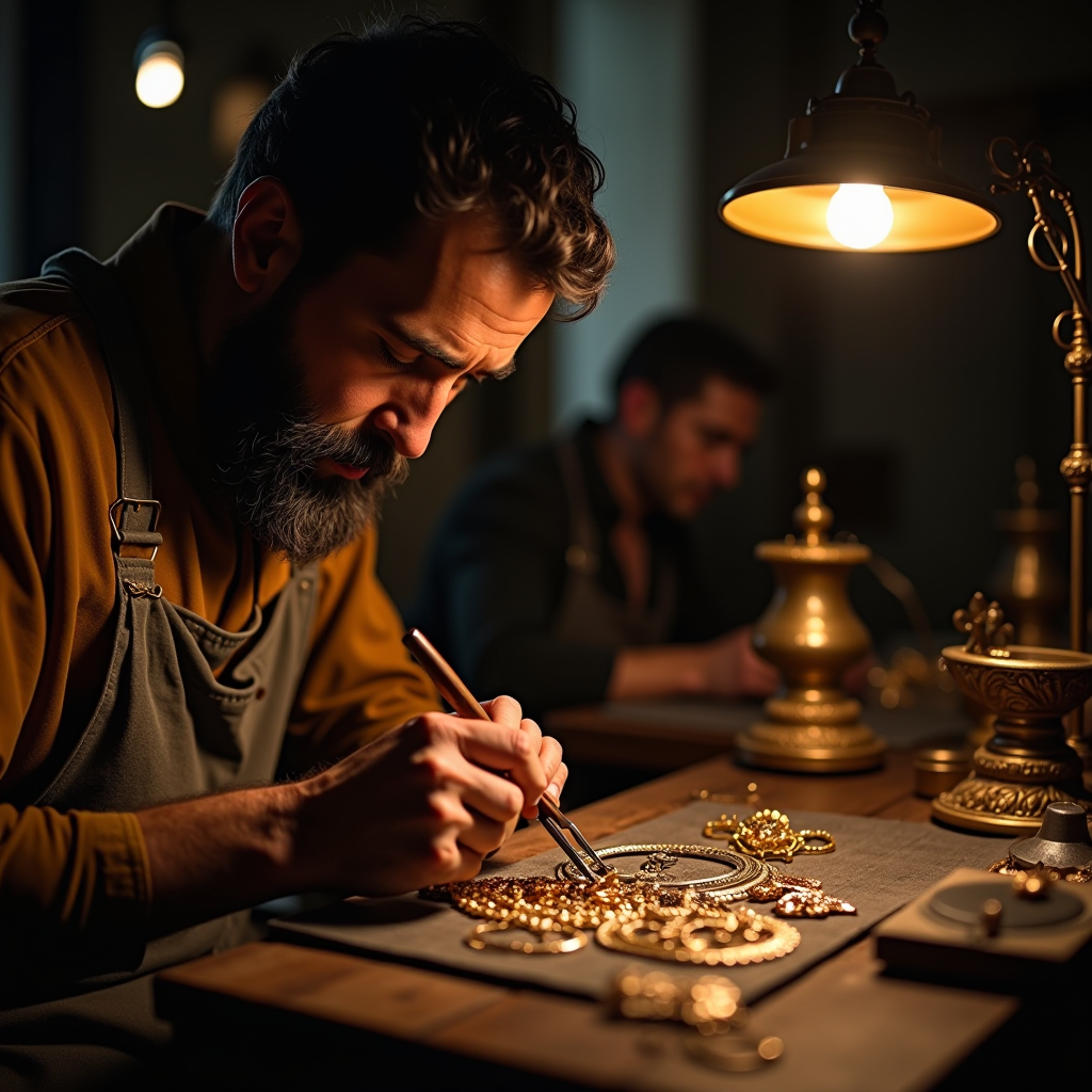 Bottega orafa rinascimentale fiorentina con artigiani al lavoro su gioielli intricati utilizzando strumenti tradizionali, illuminazione calda e atmosfera storica