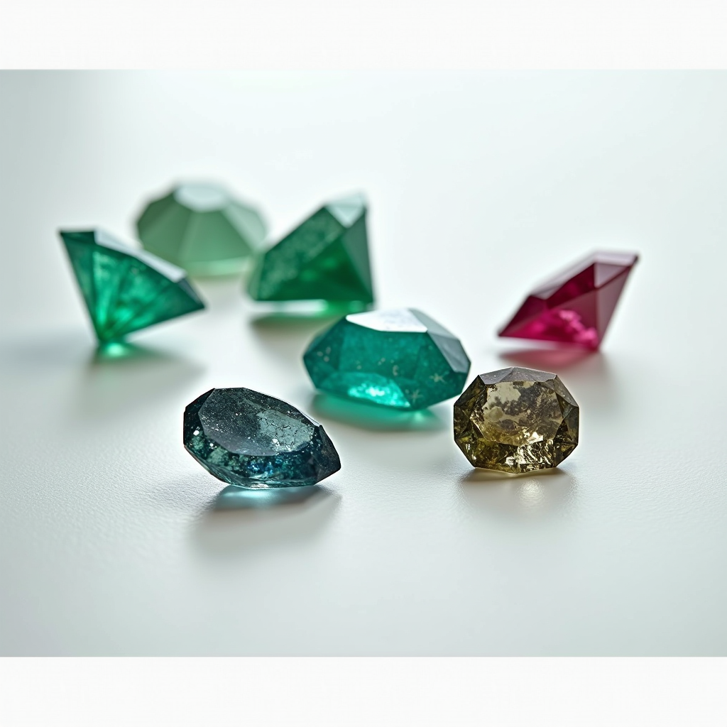 Collezione di pietre preziose etiche e sostenibili - diamanti, smeraldi, rubini e zaffiri - disposte elegantemente su superficie bianca con certificazioni di trasparenza e pratiche ambientali responsabili