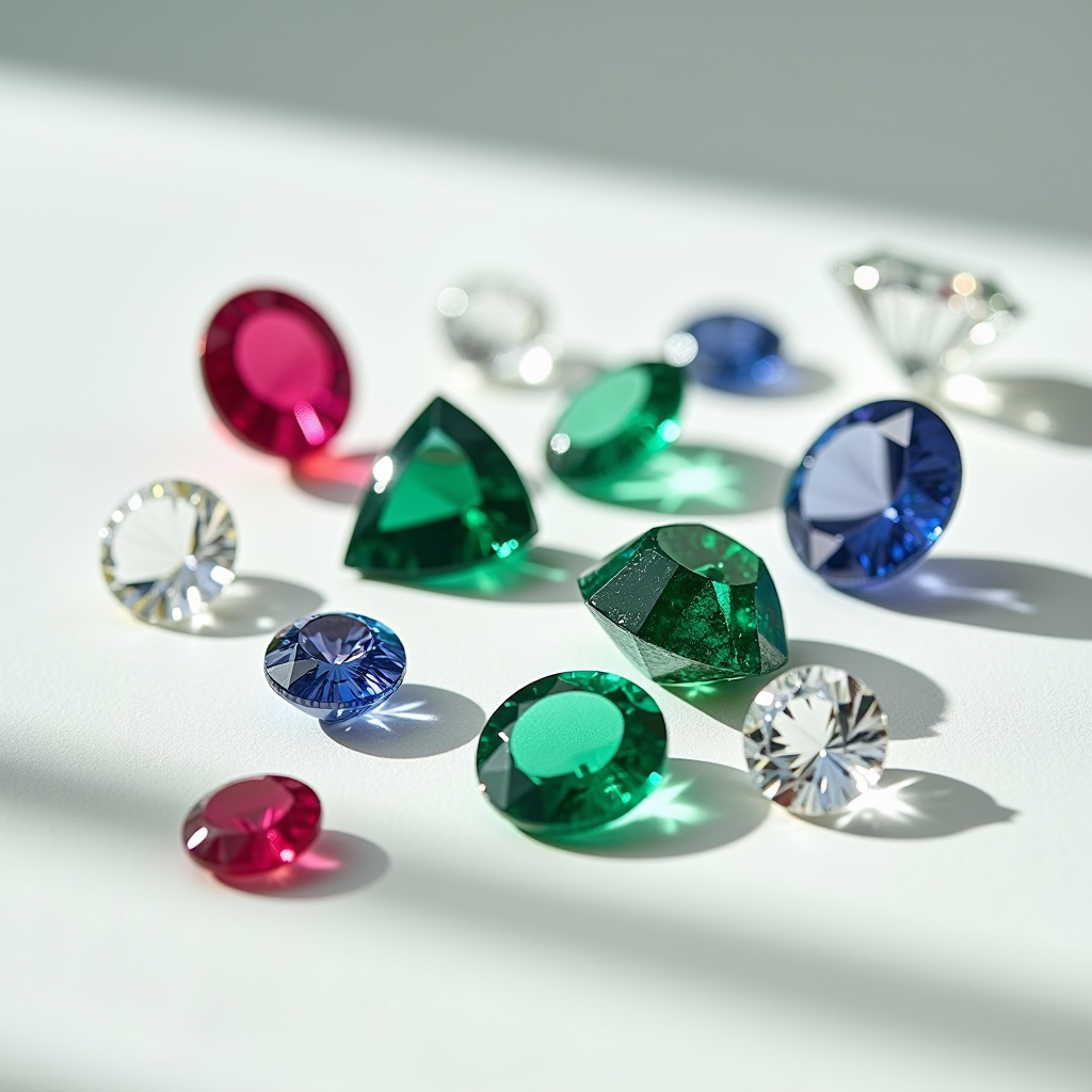 Collezione di pietre preziose etiche tra cui diamanti, smeraldi, rubini e zaffiri disposti elegantemente su superficie bianca con certificazioni di sostenibilità, illuminazione naturale che esalta la brillantezza delle gemme