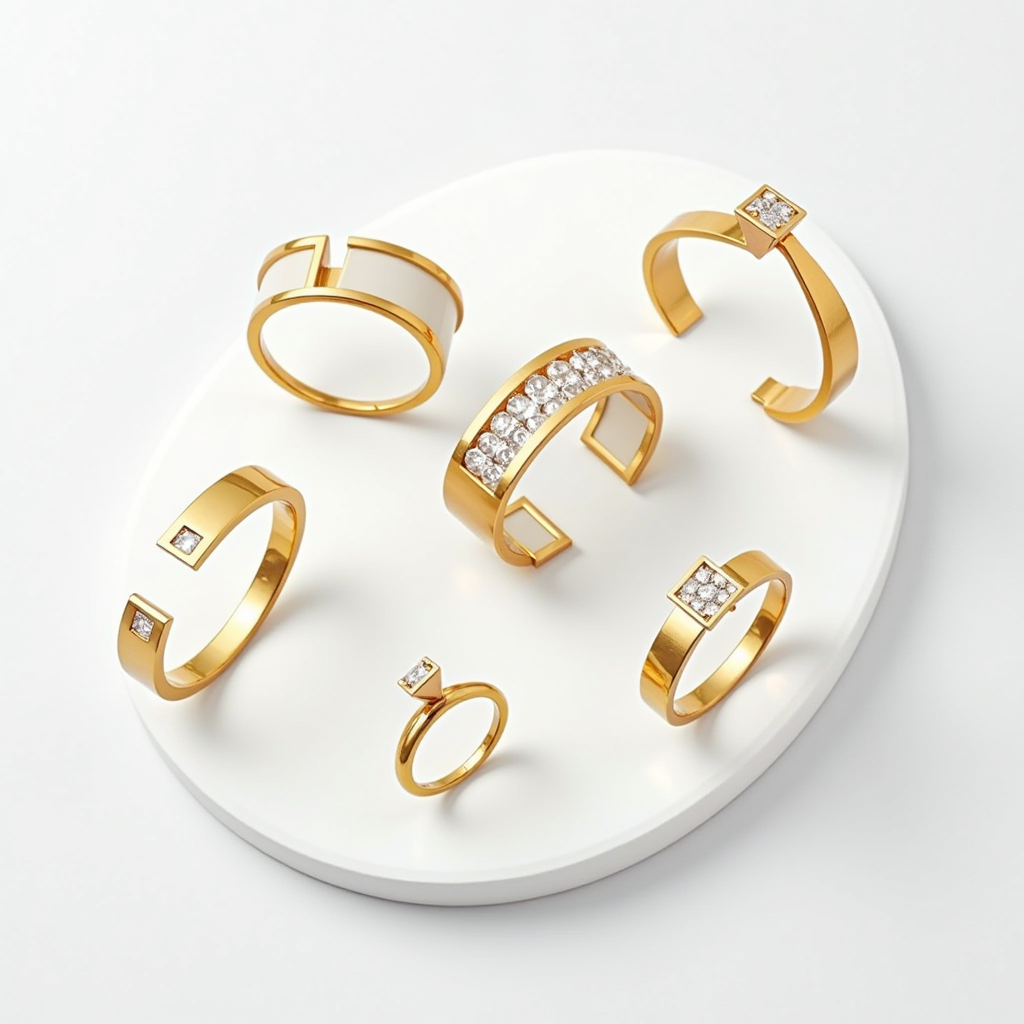 Collezione di gioielli contemporanei italiani con design minimalista e forme geometriche audaci, linee pulite ed essenziali in oro e materiali innovativi, disposizione artistica su sfondo bianco elegante