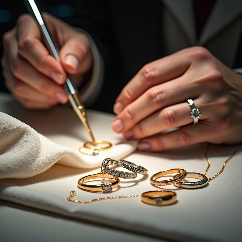 Scena di pulizia professionale di gioielli preziosi con anelli, collane e bracciali in oro e platino, strumenti specializzati per la manutenzione, panno morbido e soluzioni di pulizia delicate, ambiente elegante e curato