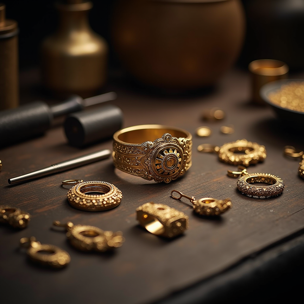 Bottega orafa rinascimentale italiana con strumenti antichi di lavorazione, esempi di tecniche tradizionali come granulazione e filigrana, gioielli storici e moderni affiancati, atmosfera di maestria artigianale secolare